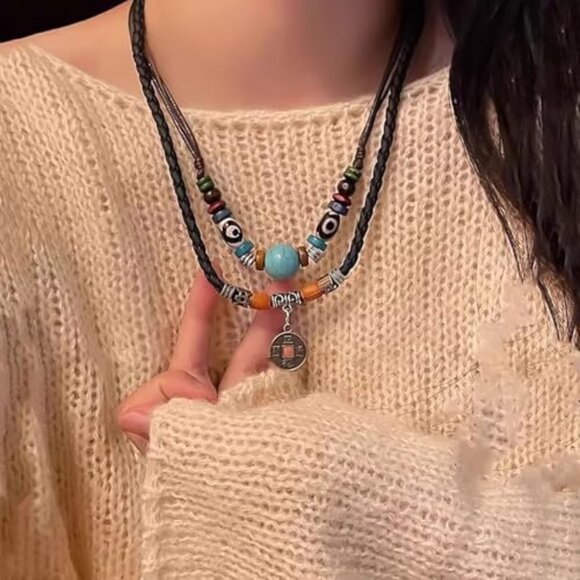 Layered Boho Wood Beads Choker Necklace Adjustable Hemp Cords Retro Fashion - Picture 7 of 8